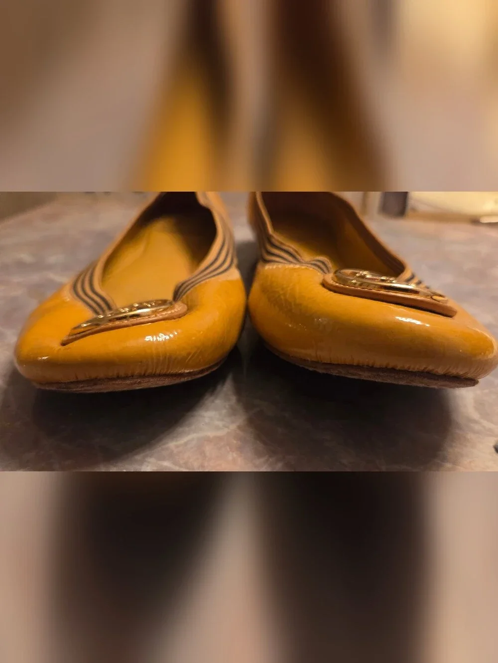 Tory Burch Women's Yellow Patent Leather Logo Ballet Flats